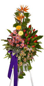Condolences - Condolence Flowers Arrangement with Roses & Gerberas in Tripod.